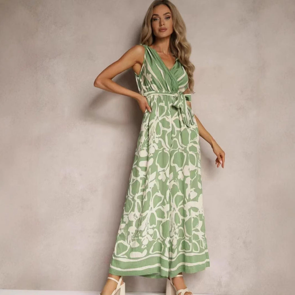 Women's Fashionable Casual V-Neck Printed Sleeveless Jumpsuit