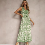 Women's Fashionable Casual V-Neck Printed Sleeveless Jumpsuit