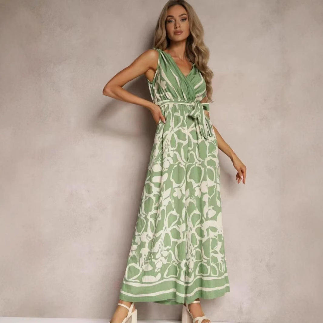 Women's Fashionable Casual V-Neck Printed Sleeveless Jumpsuit