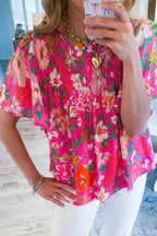 Pink Floral Smocked Short Sleeve Blouse Women UK