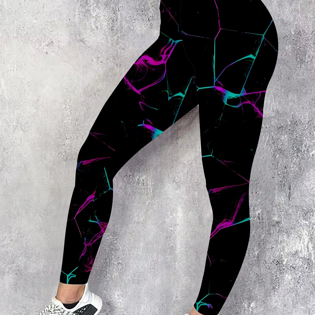 Women's Plus Size High-Waisted Floral Print Leggings - Stretchy, Casual, Machine Washable, Black with Vibrant Purple & Teal Accents, All-Season Comfort Fit, High Waisted Leggings