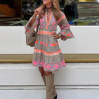 Fashion Print V-neck Dress Summer Ruffle Three Quarter Sleeve Dresses For Women Clothing