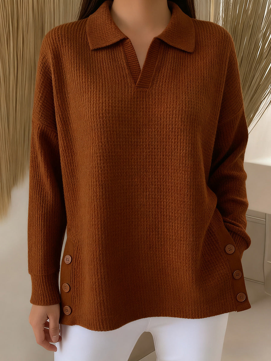 Women's Solid-Color Lapel Pullover Long-Sleeve Top
