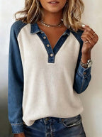 Women's Casual Contrasting-Color Waffle-Knit Patchwork Long-Sleeve Top