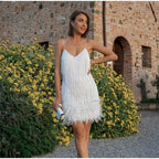 Sexy Tassel Sequins Feather Summer Mini Dress Women V Neck Spaghetti Strap Stitching Dresses Female Elegant Evening Party Club Dress