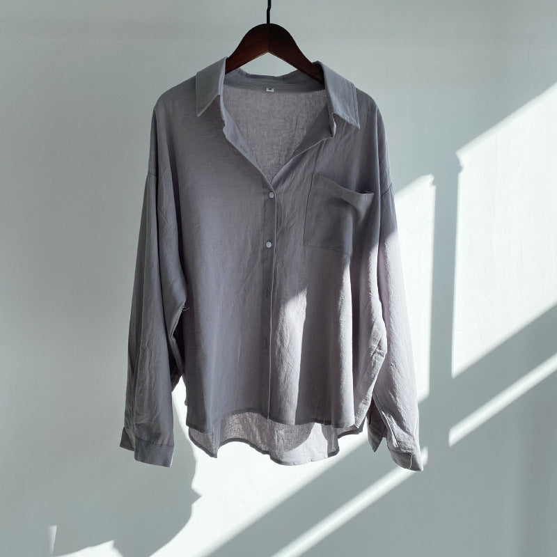 European And American-style Lapel Solid-color Cotton-linen Top Loose-fitting