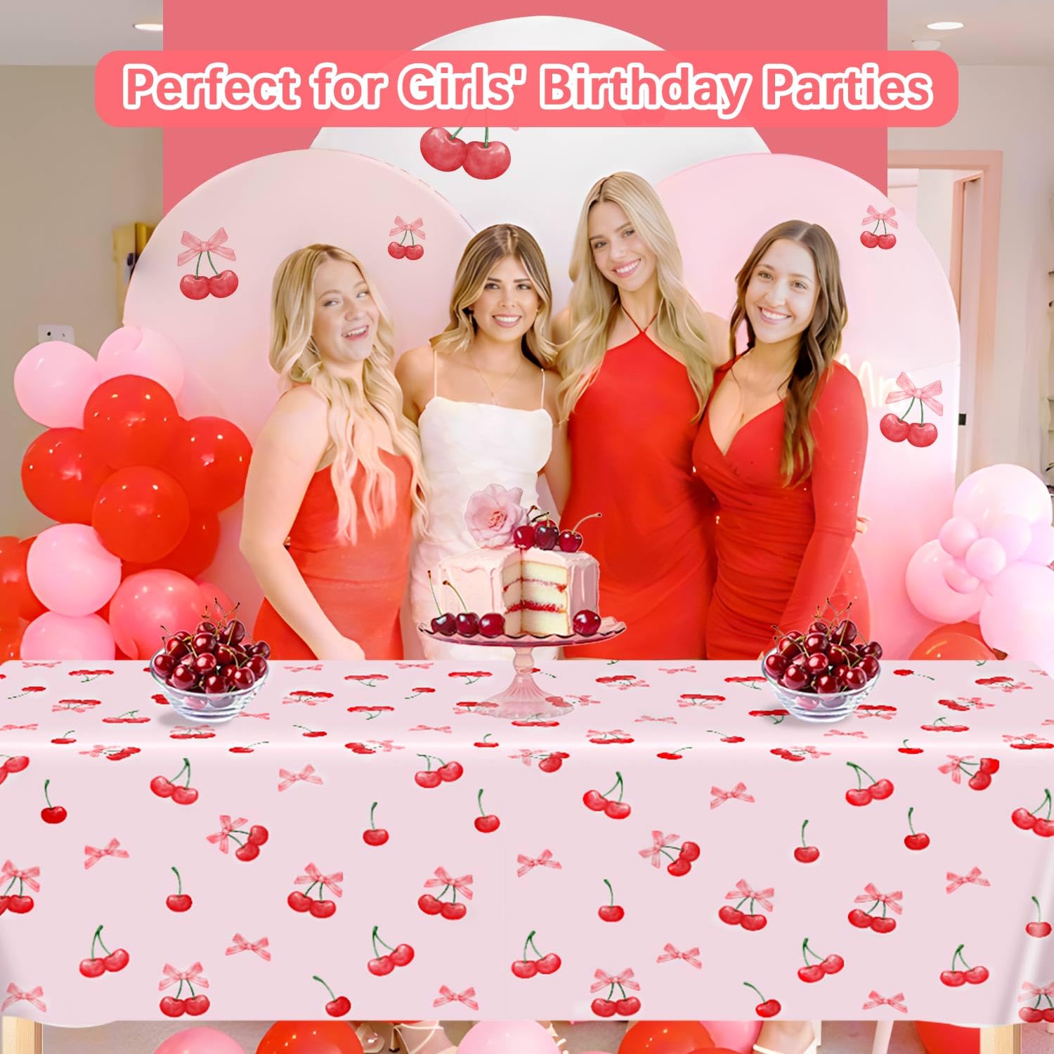 Caisehabu 3pc Cherry Birthday Tablecloths – 54 x 108 in Large Cherry & Bows Party Decor