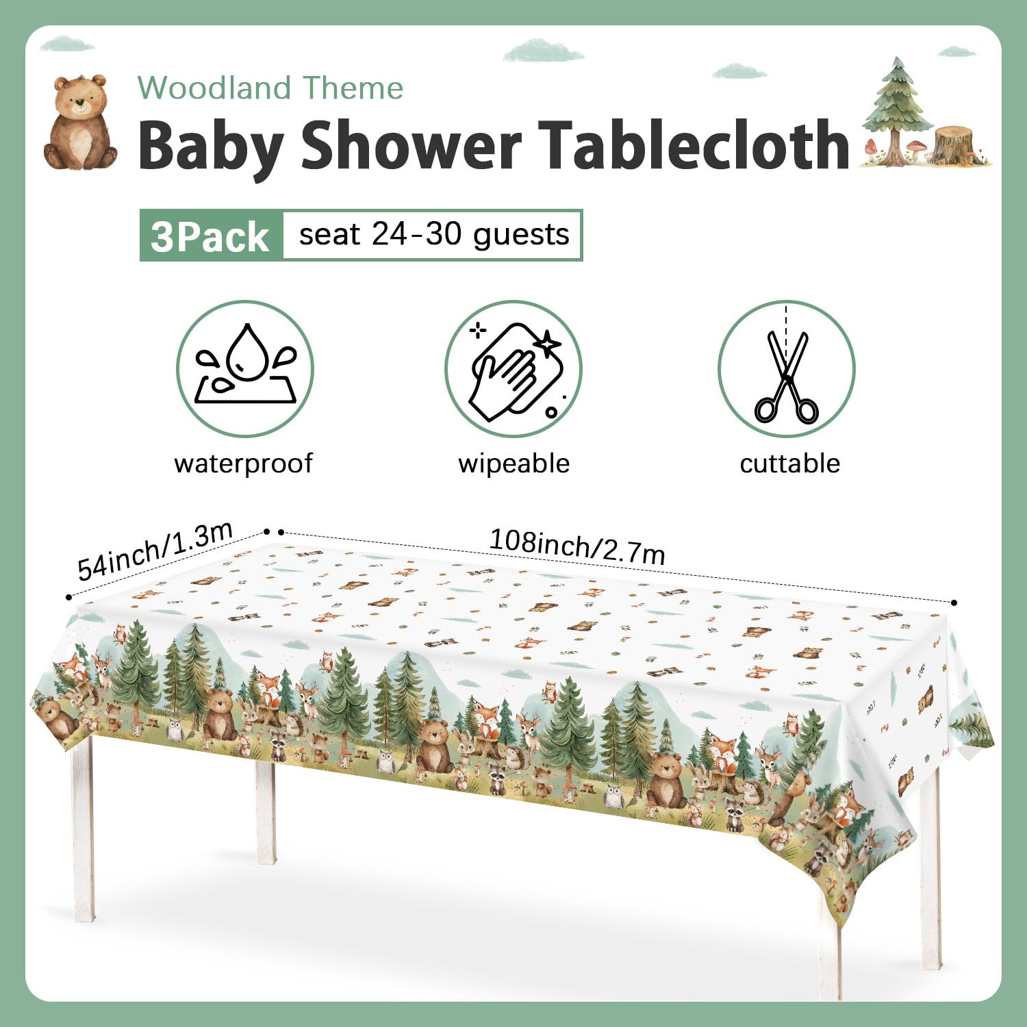 Caisehabu Woodland Baby Shower Tablecloth Set – 3pc, 54 x 108 in, Forest Animals Theme (Baby Boy)