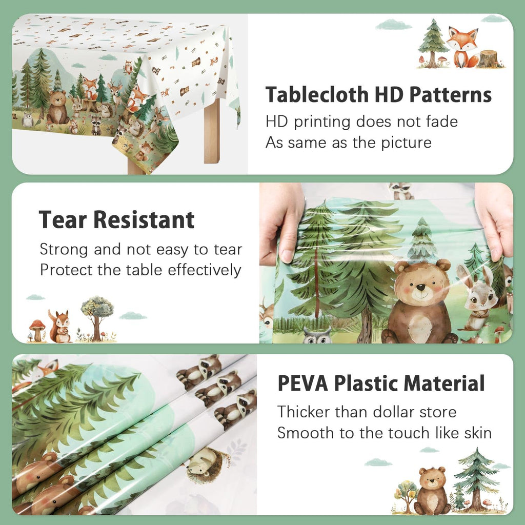 Caisehabu Woodland Baby Shower Tablecloth Set – 3pc, 54 x 108 in, Forest Animals Theme (Baby Boy)