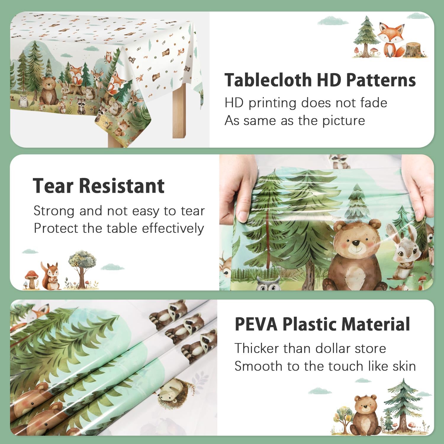 Caisehabu Woodland Baby Shower Tablecloth Set – 3pc, 54 x 108 in, Forest Animals Theme (Baby Boy)