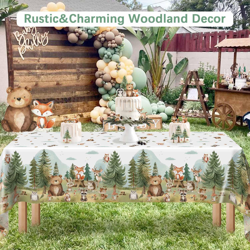 Caisehabu Woodland Baby Shower Tablecloth Set – 3pc, 54 x 108 in, Forest Animals Theme (Baby Boy)