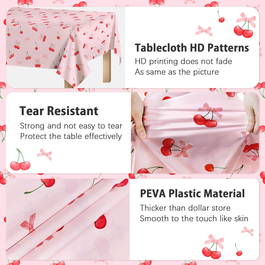 Caisehabu 3pc Cherry Birthday Tablecloths – 54 x 108 in Large Cherry & Bows Party Decor