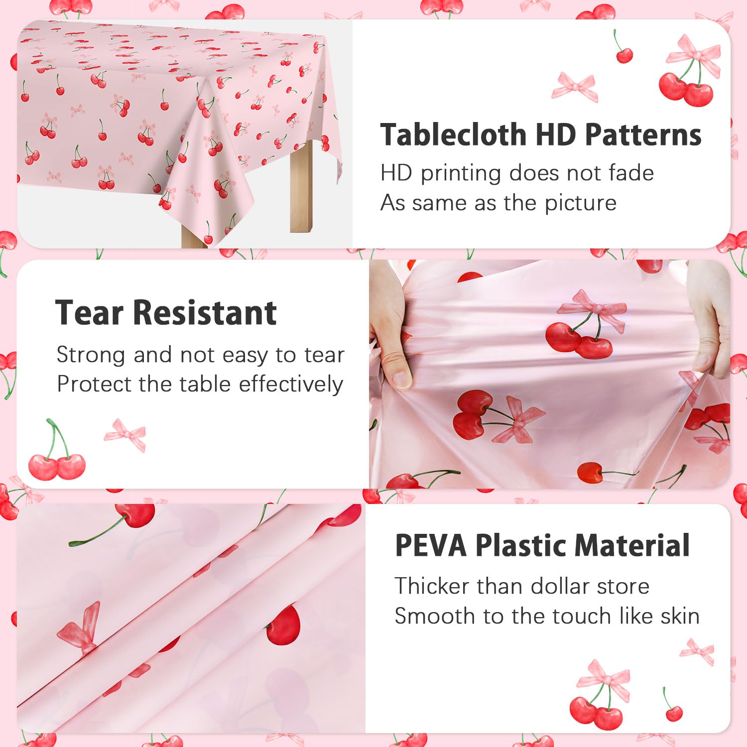 Caisehabu 3pc Cherry Birthday Tablecloths – 54 x 108 in Large Cherry & Bows Party Decor