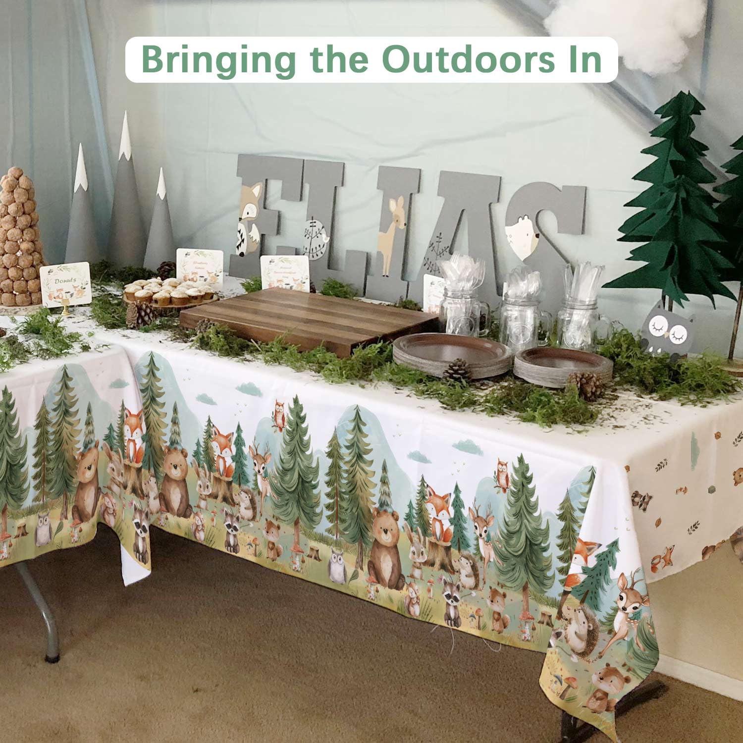 Caisehabu Woodland Baby Shower Tablecloth Set – 3pc, 54 x 108 in, Forest Animals Theme (Baby Boy)