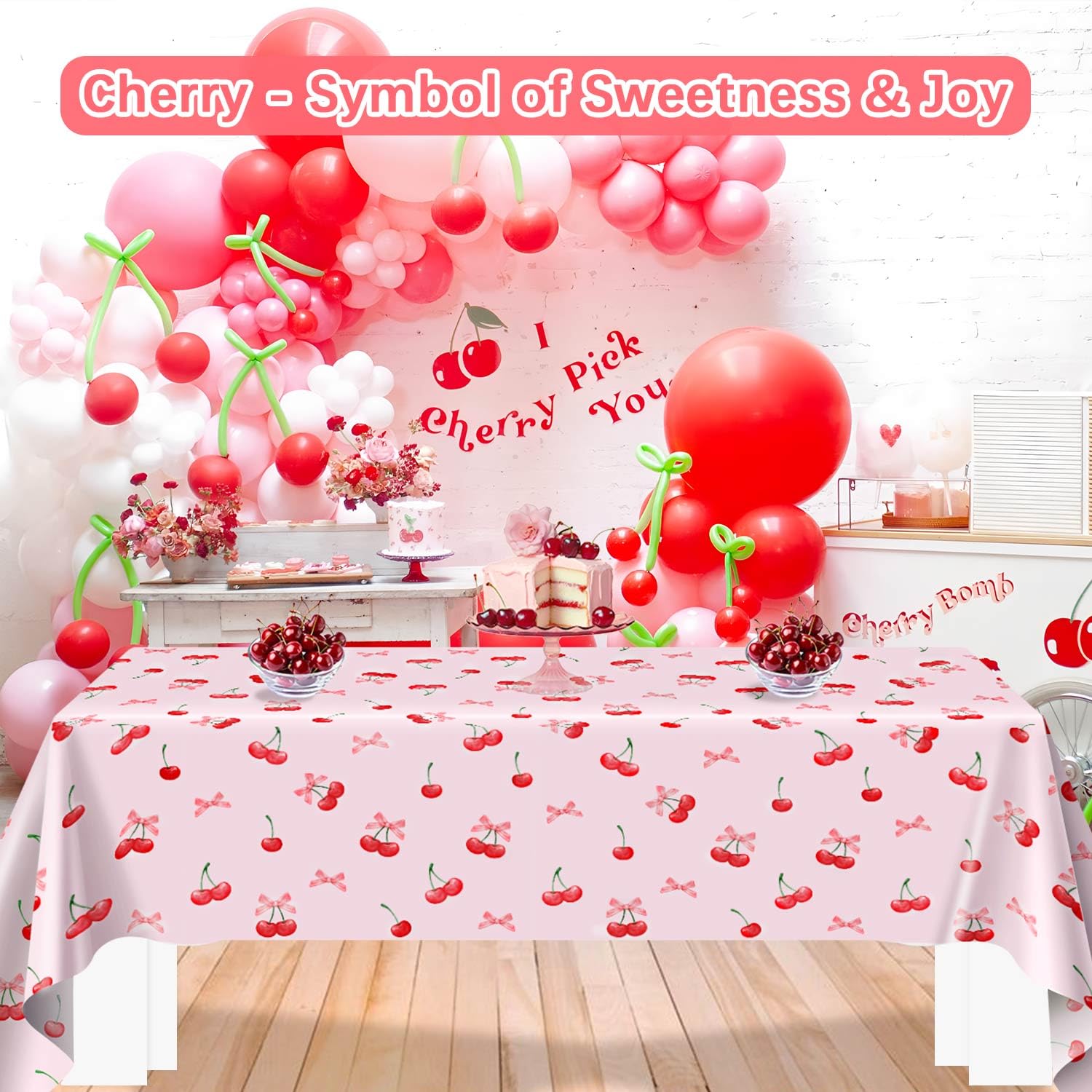 Caisehabu 3pc Cherry Birthday Tablecloths – 54 x 108 in Large Cherry & Bows Party Decor