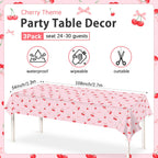 Caisehabu 3pc Cherry Birthday Tablecloths – 54 x 108 in Large Cherry & Bows Party Decor