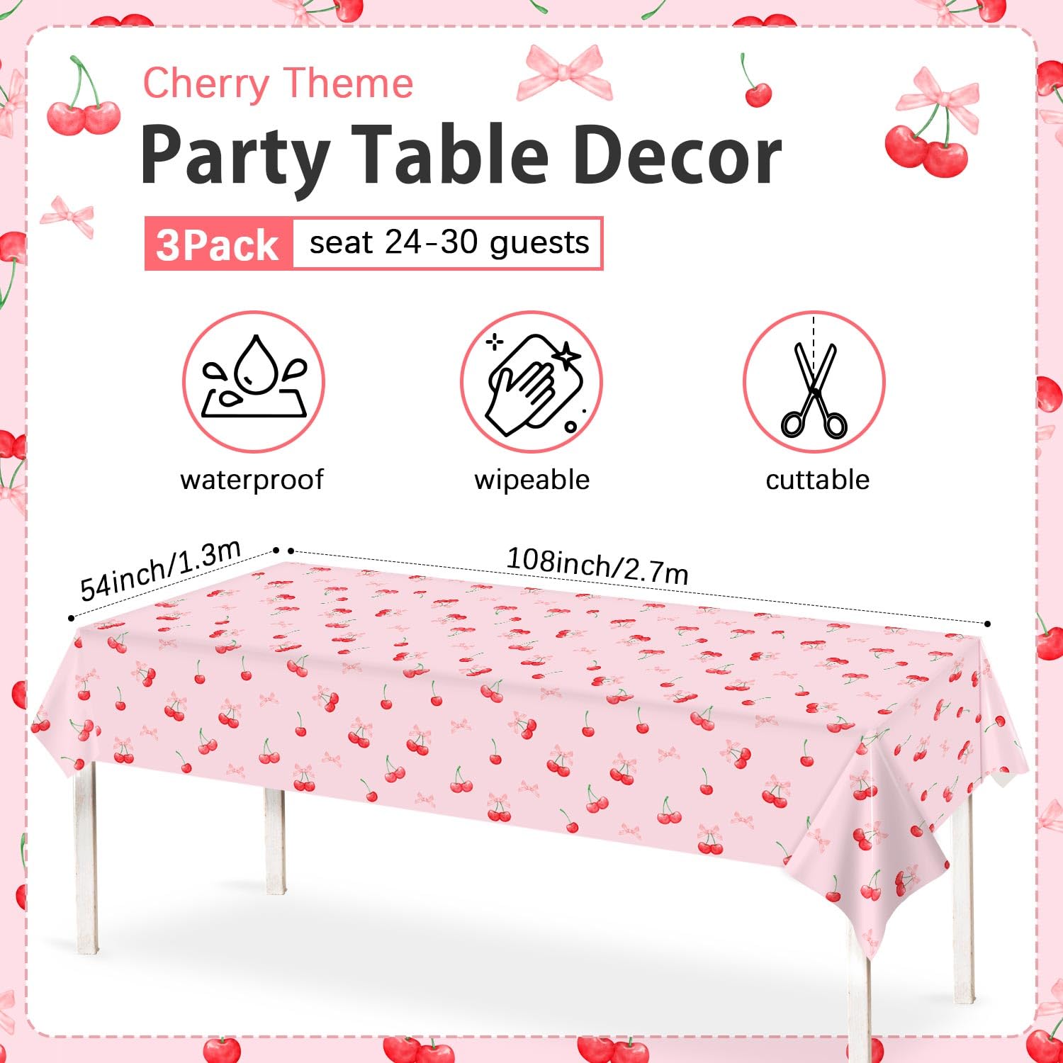Caisehabu 3pc Cherry Birthday Tablecloths – 54 x 108 in Large Cherry & Bows Party Decor