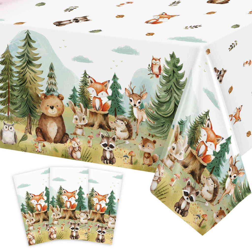 Caisehabu Woodland Baby Shower Tablecloth Set – 3pc, 54 x 108 in, Forest Animals Theme (Baby Boy)