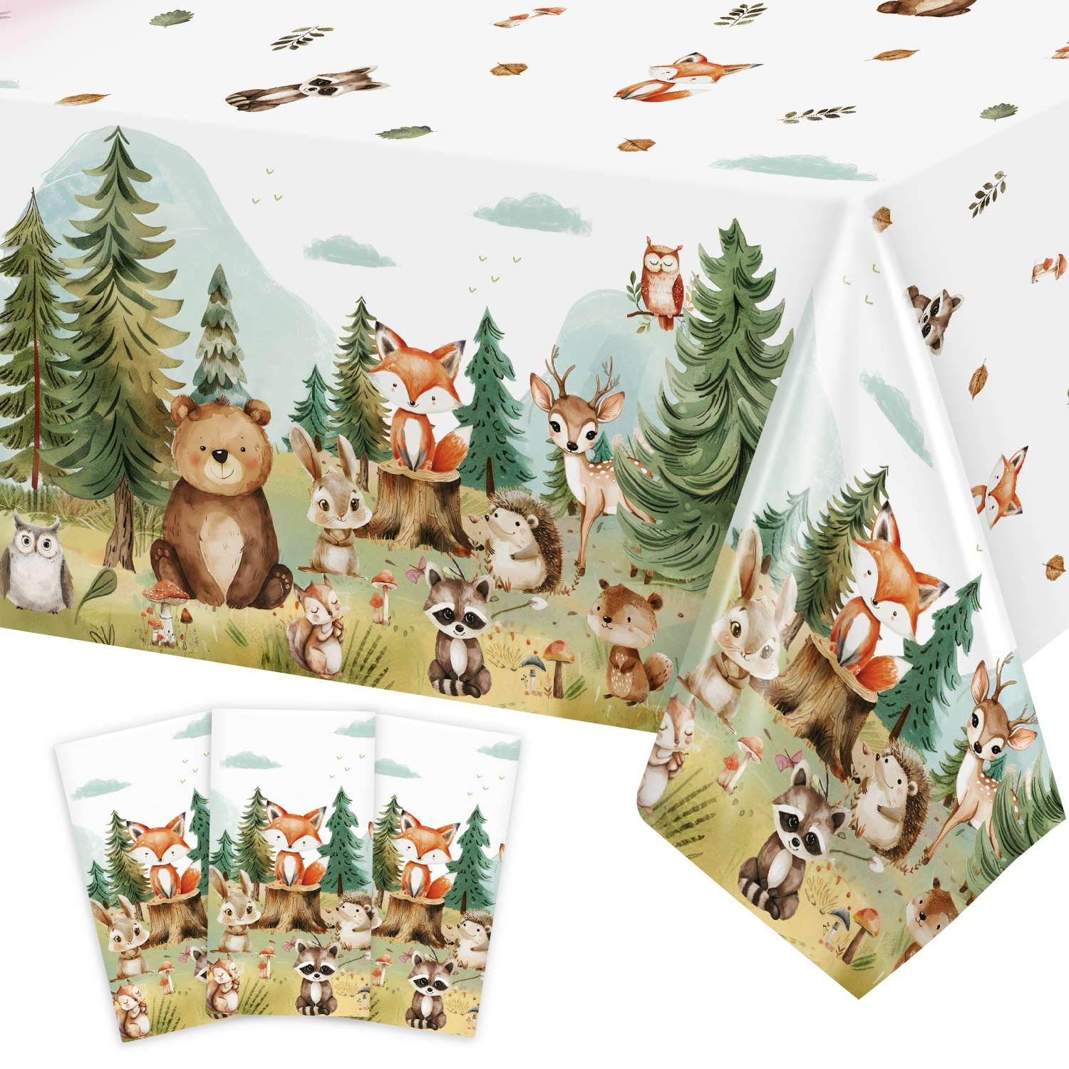 Caisehabu Woodland Baby Shower Tablecloth Set – 3pc, 54 x 108 in, Forest Animals Theme (Baby Boy)