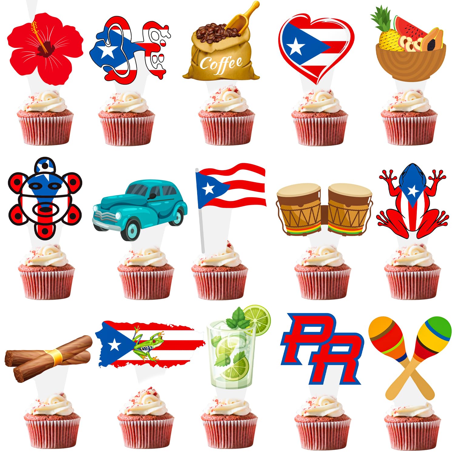 CANDY CHEF Puerto Rico Cupcake Toppers – 48Pcs Puerto Rico Theme Party Decorations