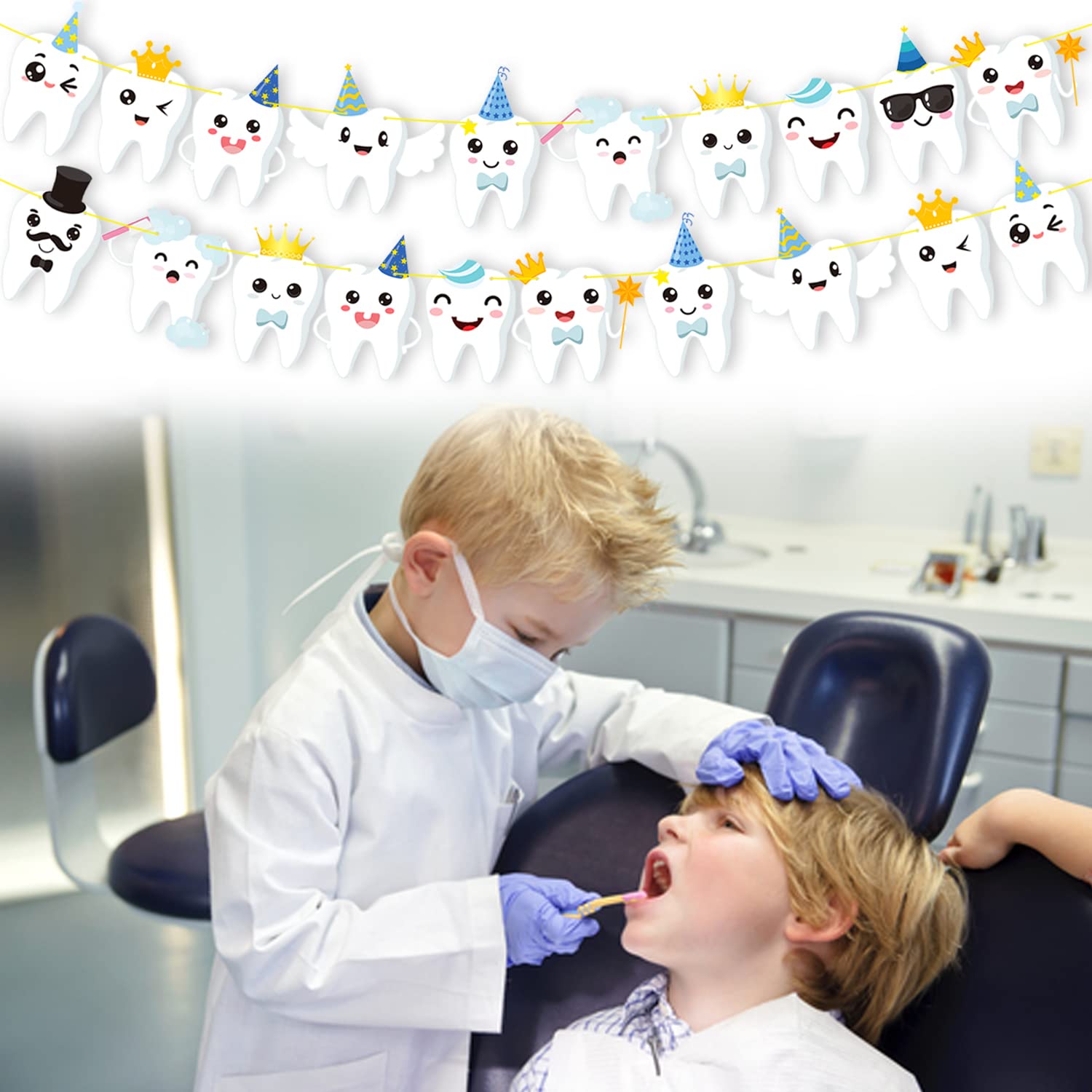 Candy Chef Tooth Party Banner – 2-Piece Teeth Cutout Decor for First Tooth Party, Dental Birthday & Baby Shower