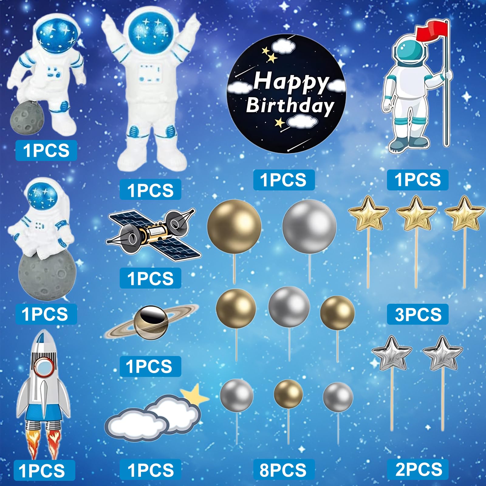 CANIPHA 22Pcs Space Cake Toppers — Astronaut Figurines, Planets, Stars & Pearl Balls for Outer Space Birthday Cakes