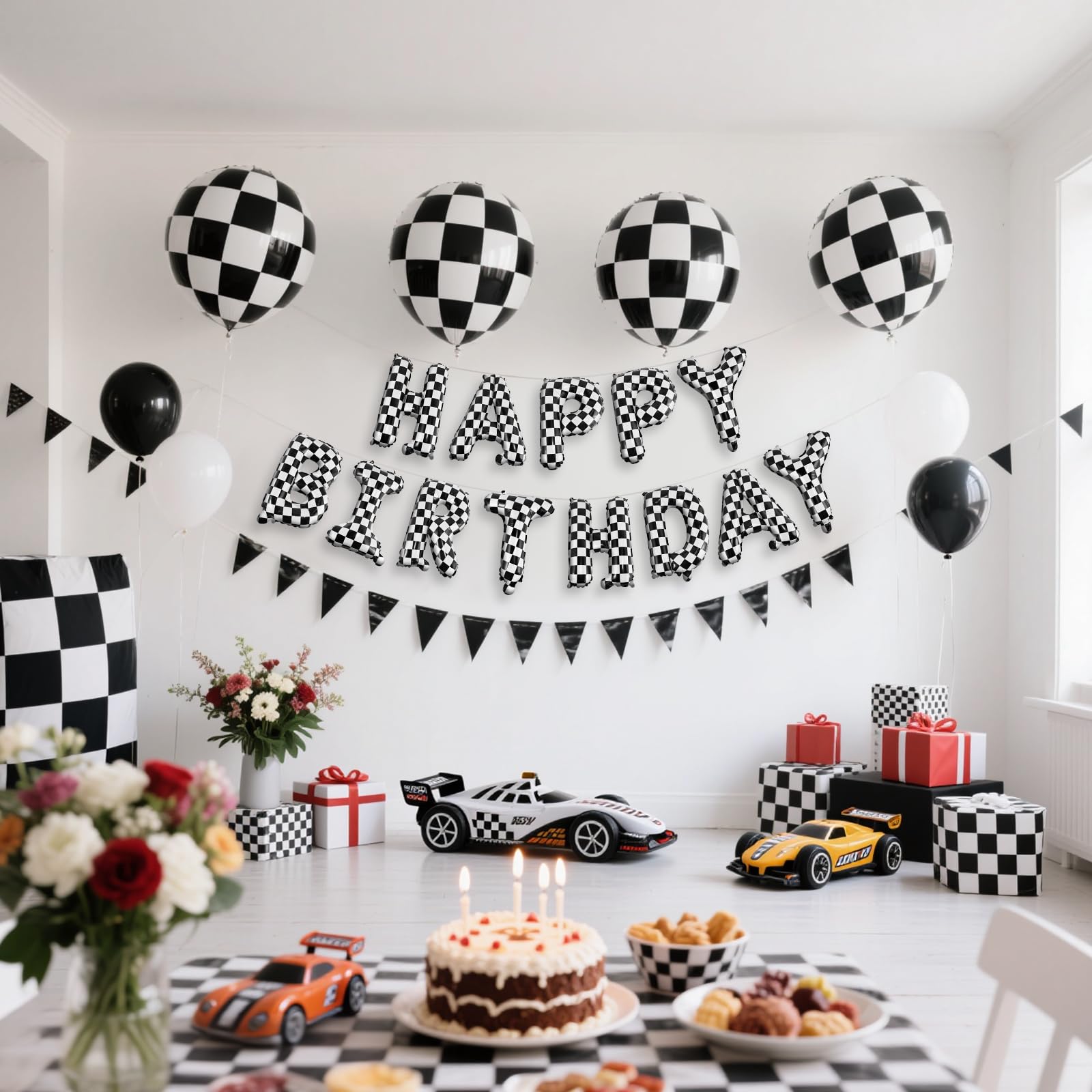 CANREVEL Happy Birthday Banner 13pc 16in Mylar Foil Letters — Racing Car Checkered Party Decor