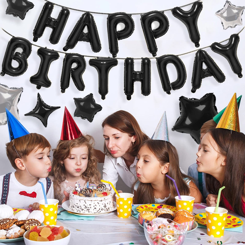 CANREVEL Happy Birthday Banner 16in Black Foil Letters - 13pc Party Decorations for Kids & Adults