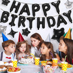 CANREVEL Happy Birthday Banner 16in Black Foil Letters - 13pc Party Decorations for Kids & Adults