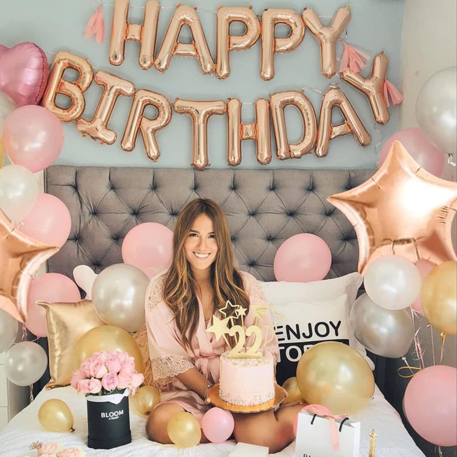 CANREVEL Happy Birthday Banner 13pc 16in Rose Gold Mylar Letters - Party Decor