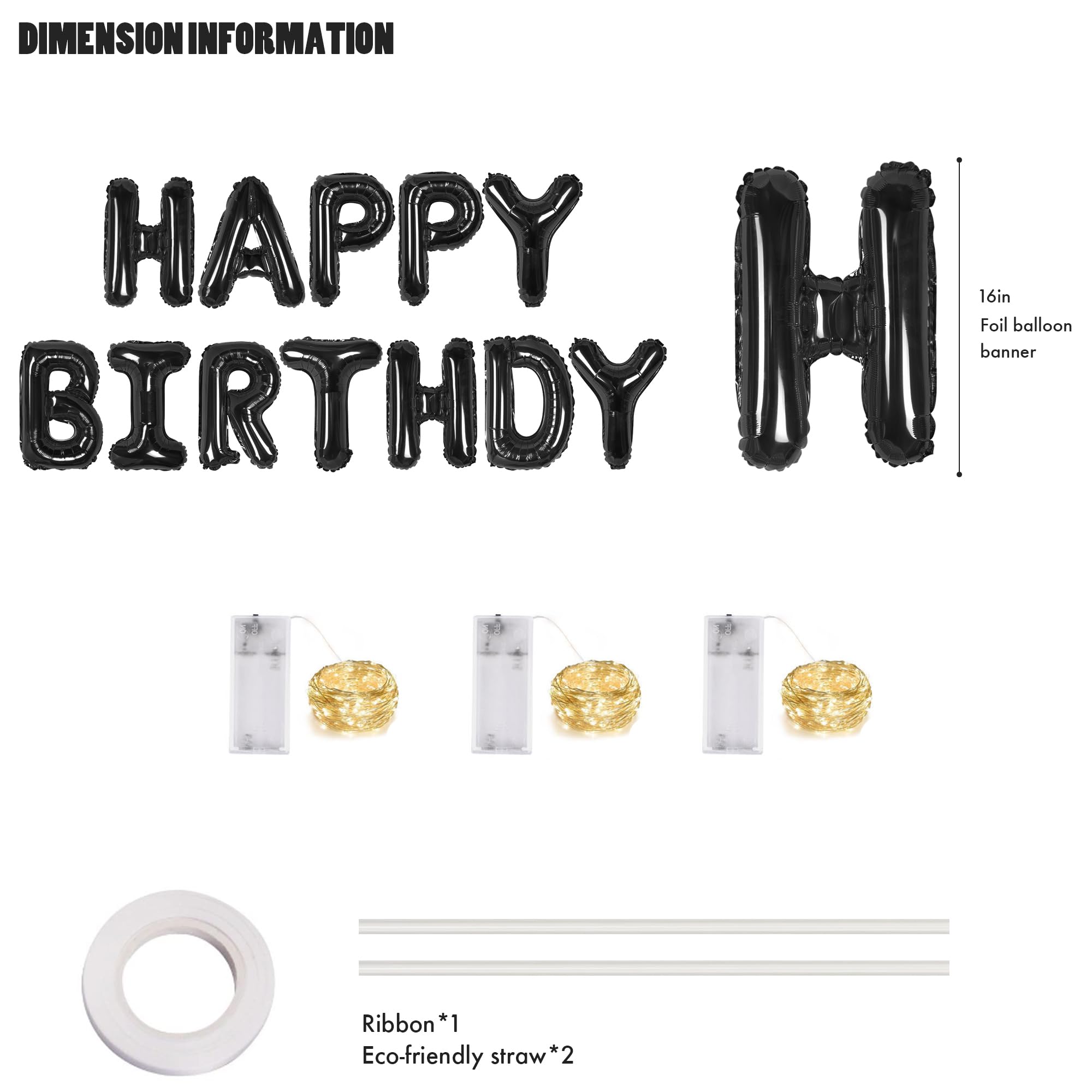 CANREVEL Happy Birthday Banner - 13pc 16-Inch Black Foil Letters with LED Lights
