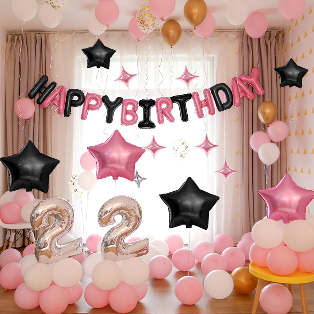 CANREVEL Happy Birthday Banner 16in - 13-Letter Set + 12 Star Balloons, Black & Pink 3D Party Decor