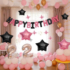 CANREVEL Happy Birthday Banner 16in - 13-Letter Set + 12 Star Balloons, Black & Pink 3D Party Decor
