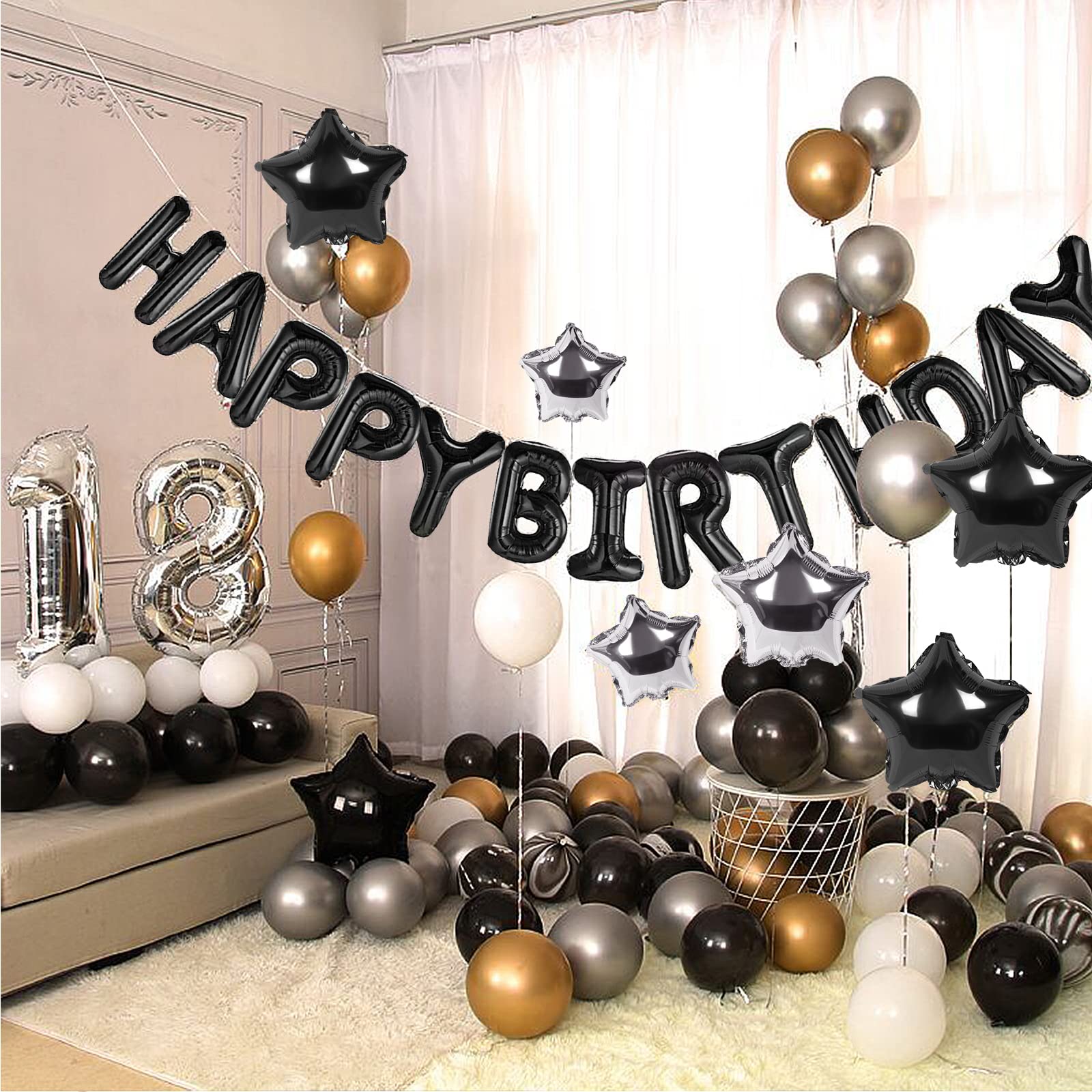 CANREVEL Happy Birthday Banner 13 Letters + 12 Balloons – 16in Black 3D Party Decorations