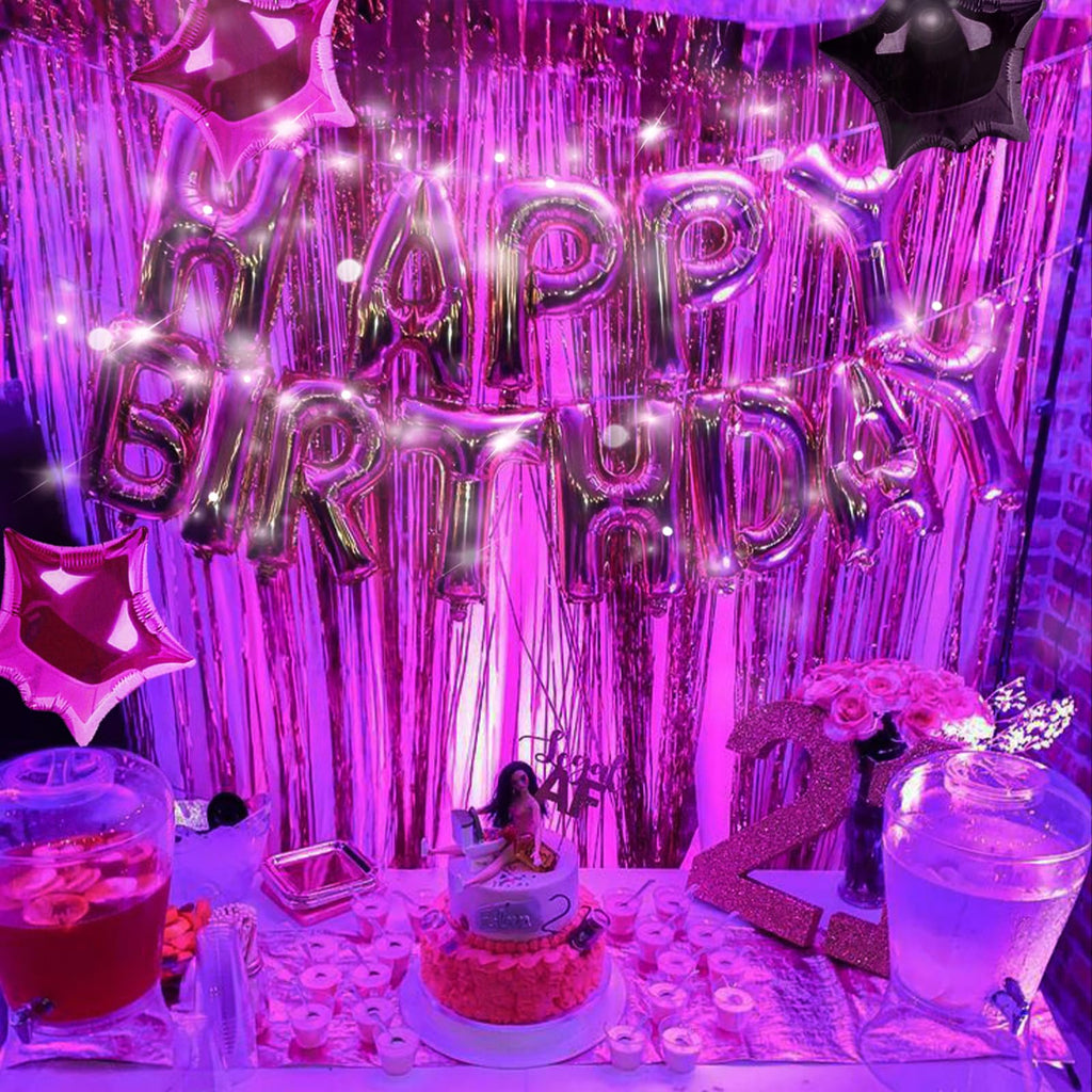 CANREVEL Happy Birthday Banner - 13pc, 16in Hot Pink Foil Letters + LED Lights