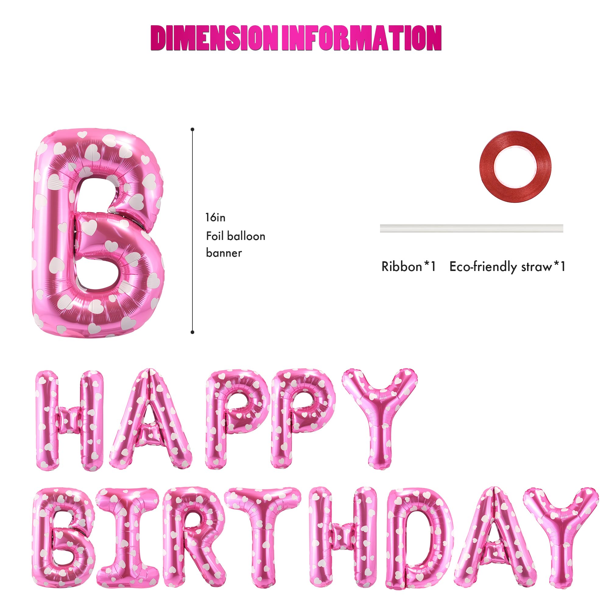 CANREVEL Happy Birthday Banner - 13pc 16-Inch Mylar Letter Balloons with 3D Pink Heart