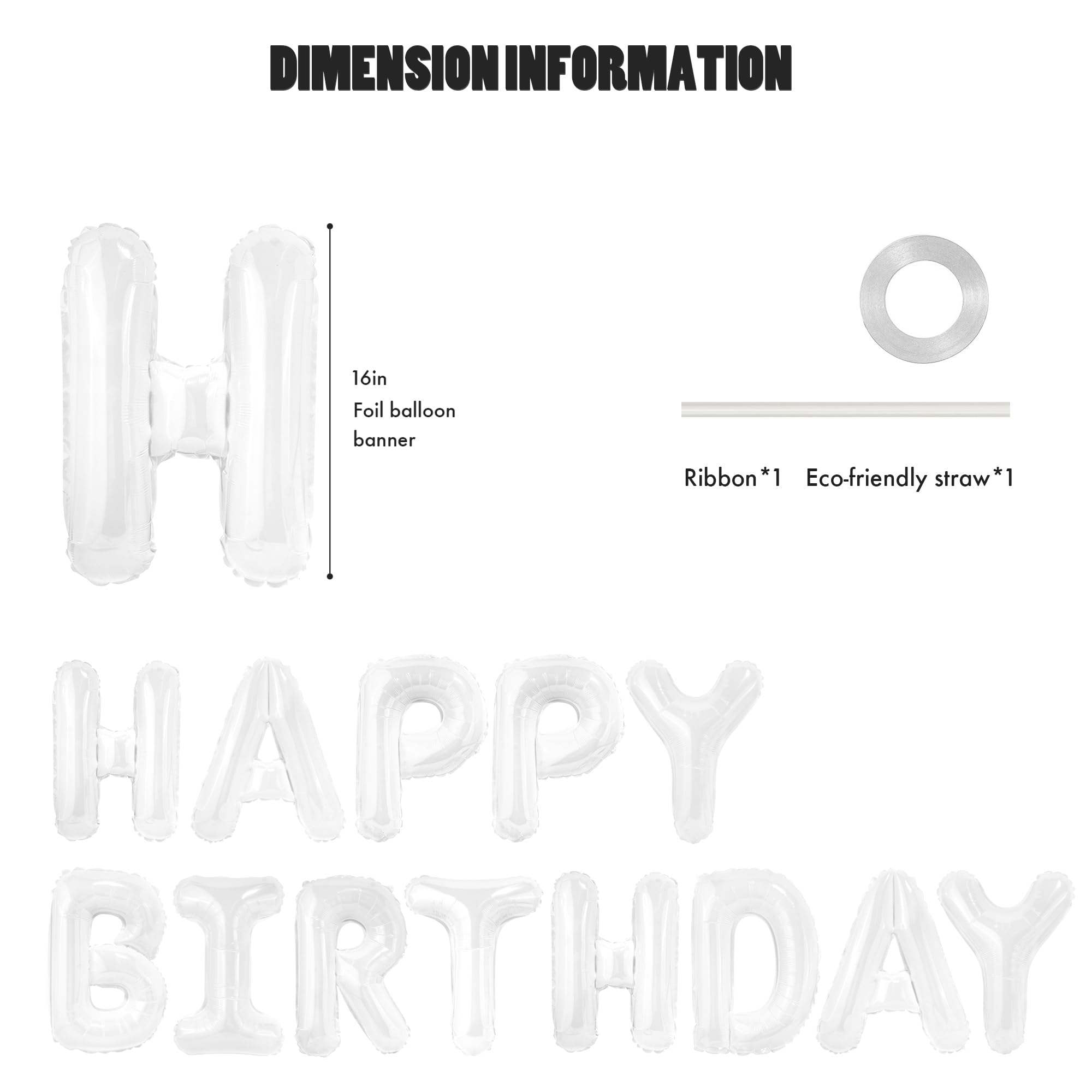 CANREVEL Happy Birthday Banner 13pcs - 16" Mylar Foil Letters | 3D White Party Decor for Kids & Adults