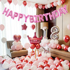 CANREVEL Happy Birthday Banner - 13pc 16-Inch Mylar Letter Balloons with 3D Pink Heart