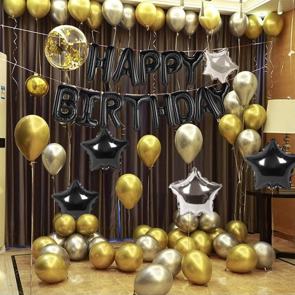 CANREVEL Happy Birthday Banner 16in Black Foil Letters - 13pc Party Decorations for Kids & Adults