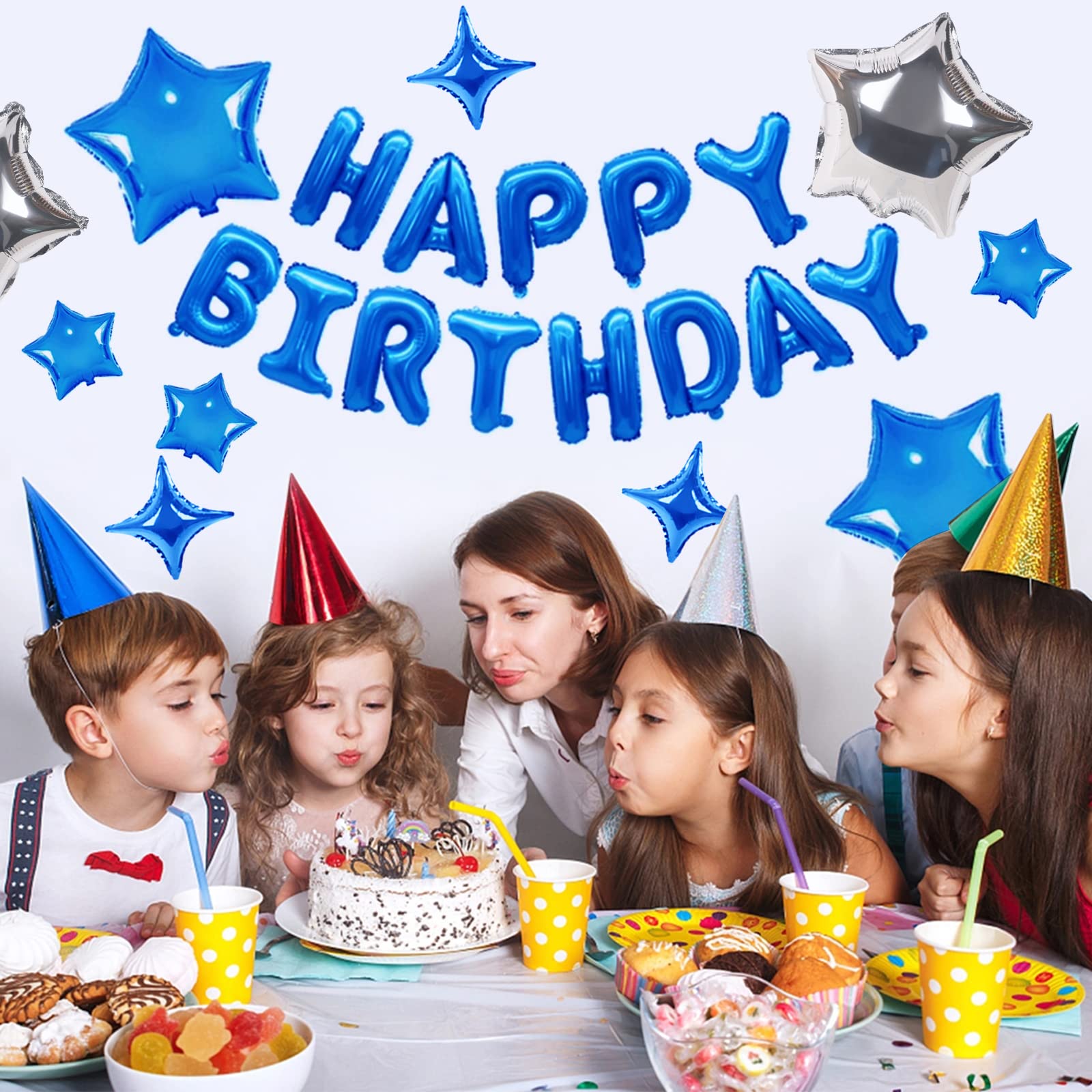 CANREVEL Happy Birthday Banner 13pcs - 16in Blue Mylar Foil Letters & Balloons