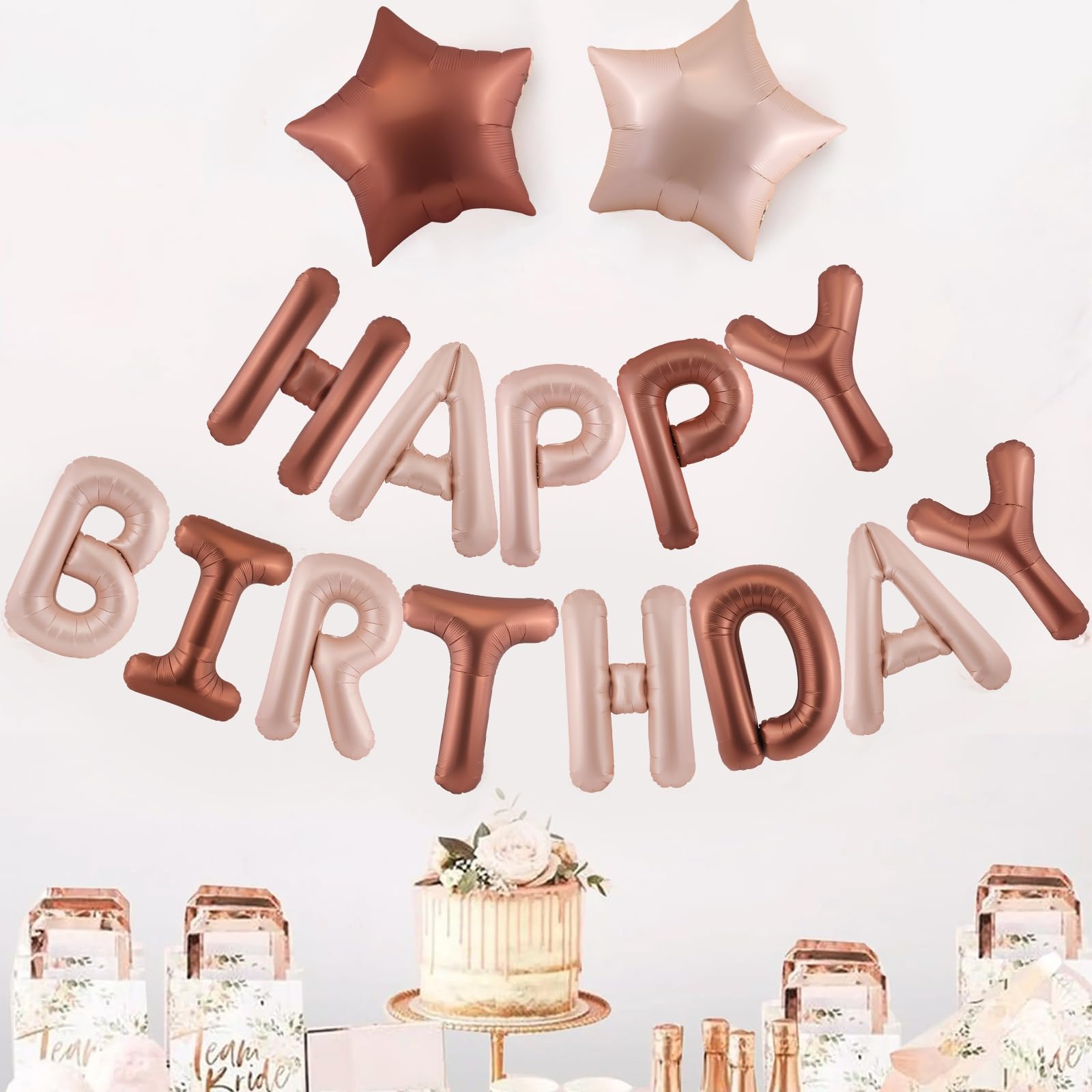CANREVEL Happy Birthday Banner 16inch Letters with Star Balloons – Caramel Birthday Party Decor Kit