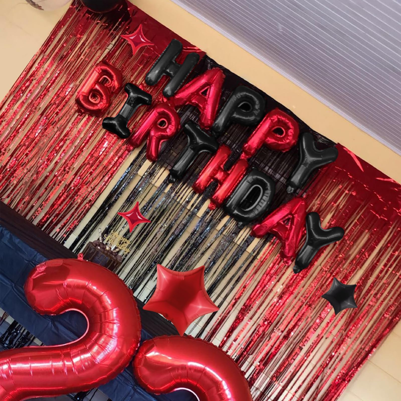 CANREVEL Happy Birthday Banner 13pc 16in + 12 Star Balloons – Black & Red