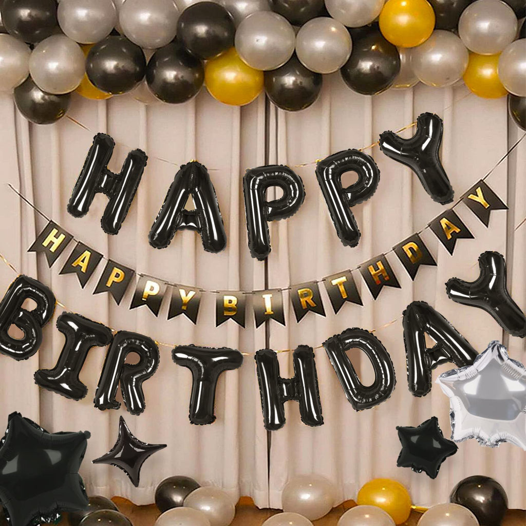 CANREVEL Happy Birthday Banner 16in Black Foil Letters - 13pc Party Decorations for Kids & Adults