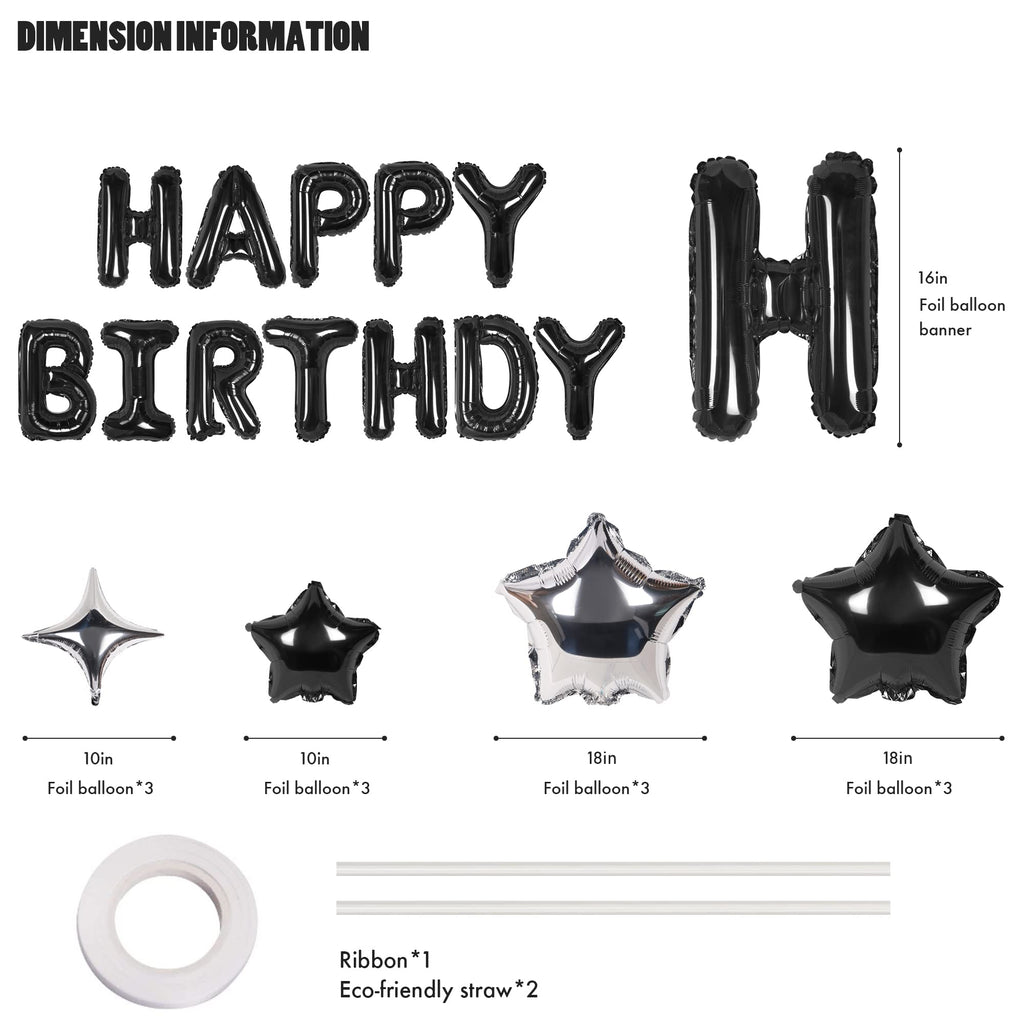 CANREVEL Happy Birthday Banner 13 Letters + 12 Balloons – 16in Black 3D Party Decorations