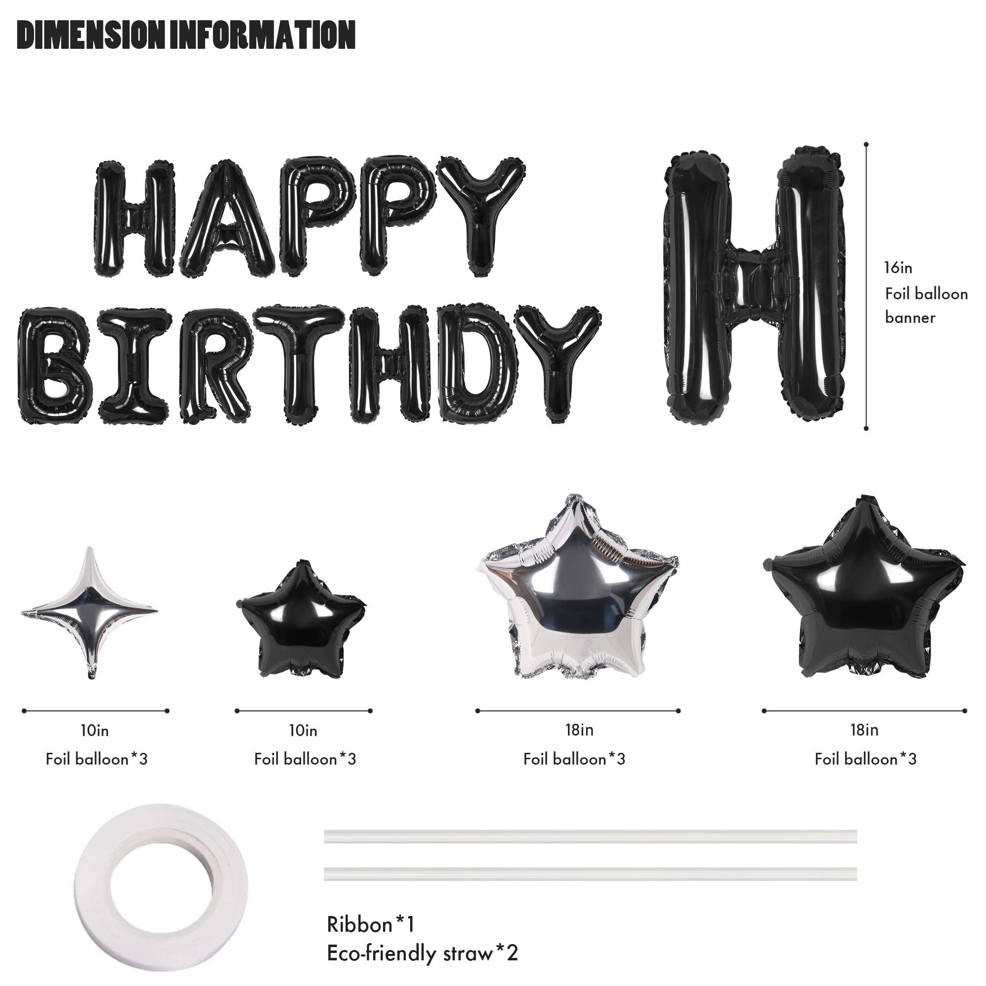 CANREVEL Happy Birthday Banner 13 Letters + 12 Balloons – 16in Black 3D Party Decorations
