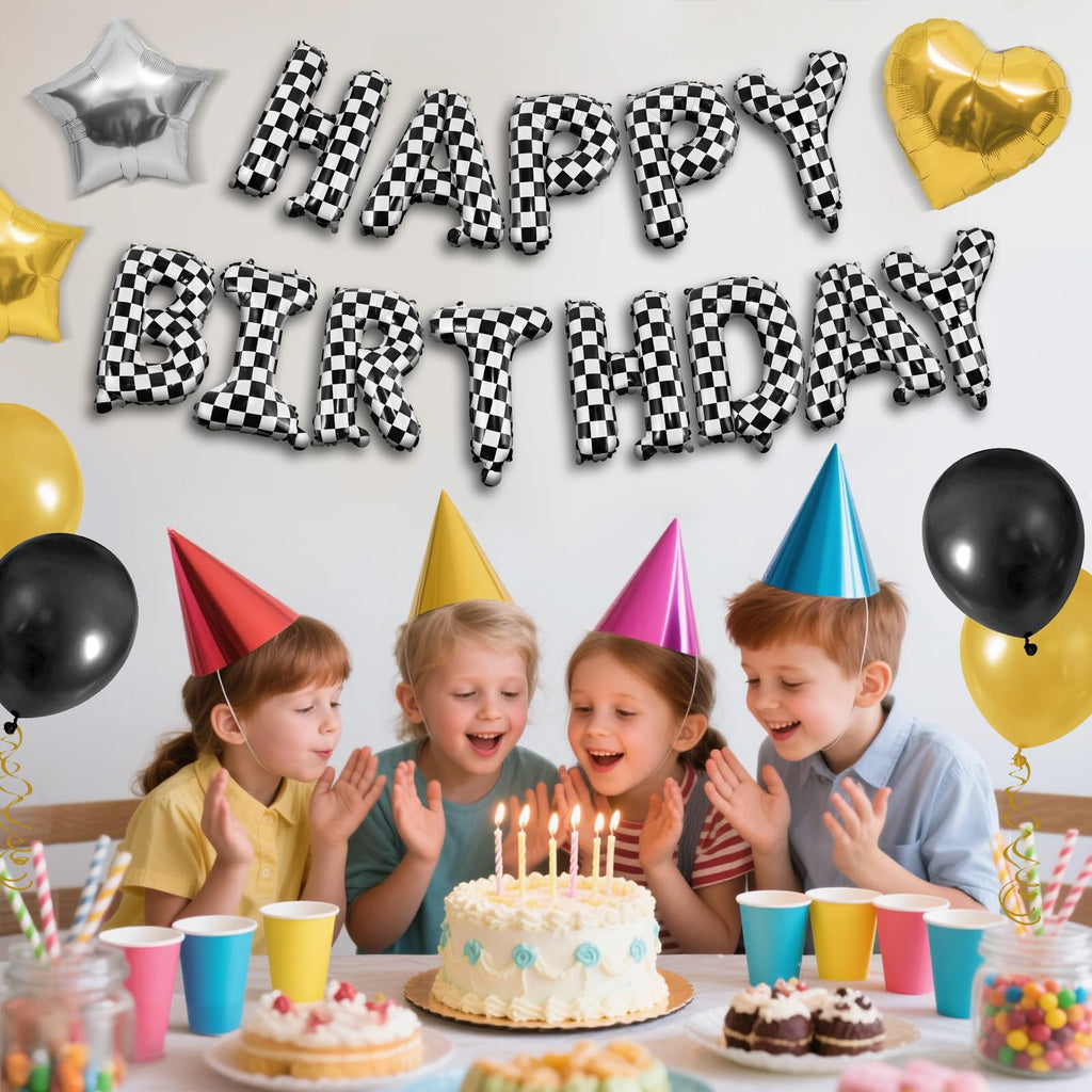 CANREVEL Happy Birthday Banner 13pc 16in Mylar Foil Letters — Racing Car Checkered Party Decor