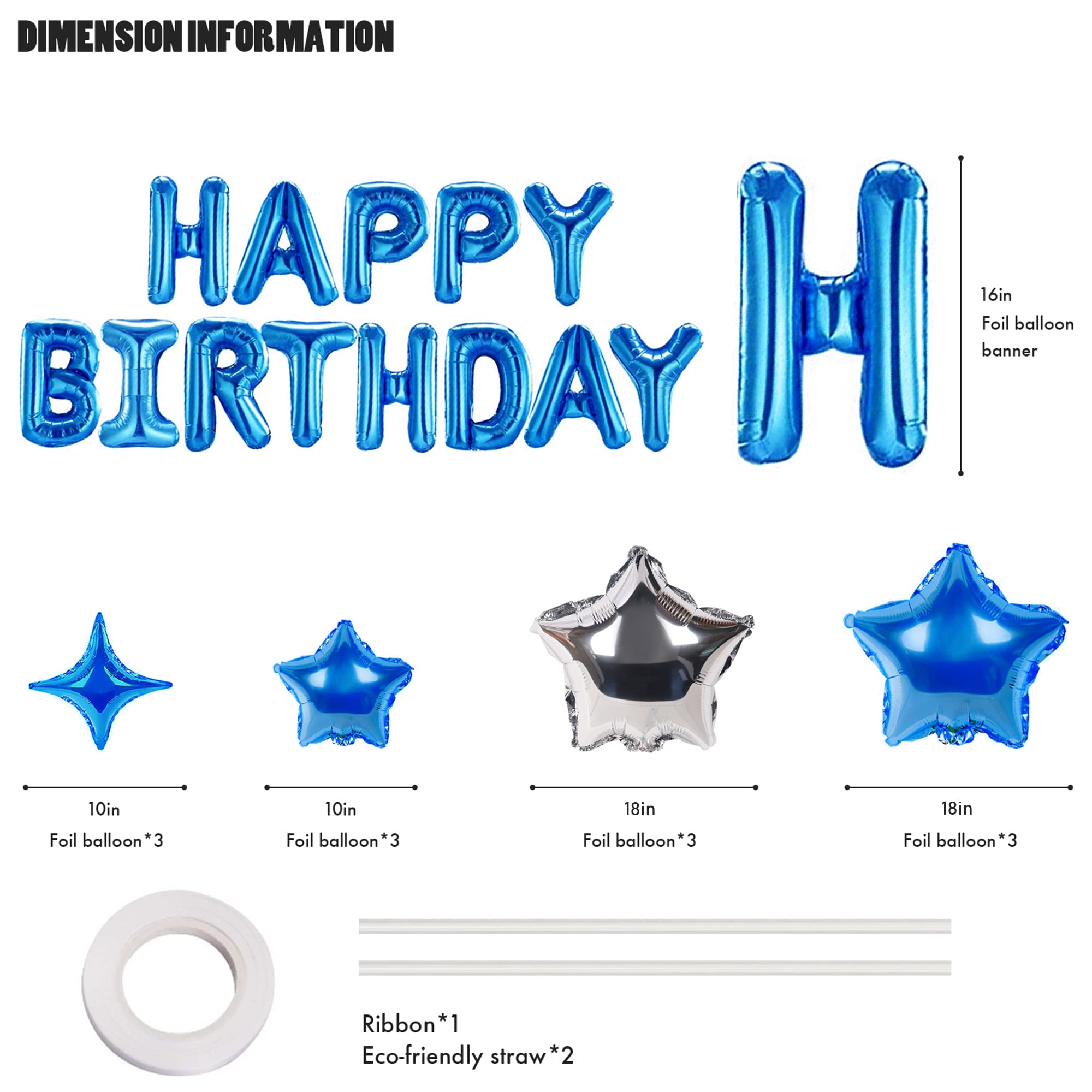 CANREVEL Happy Birthday Banner 13pcs 16in + 12 Star Balloons | 3D Blue Party Decorations for Kids & Adults