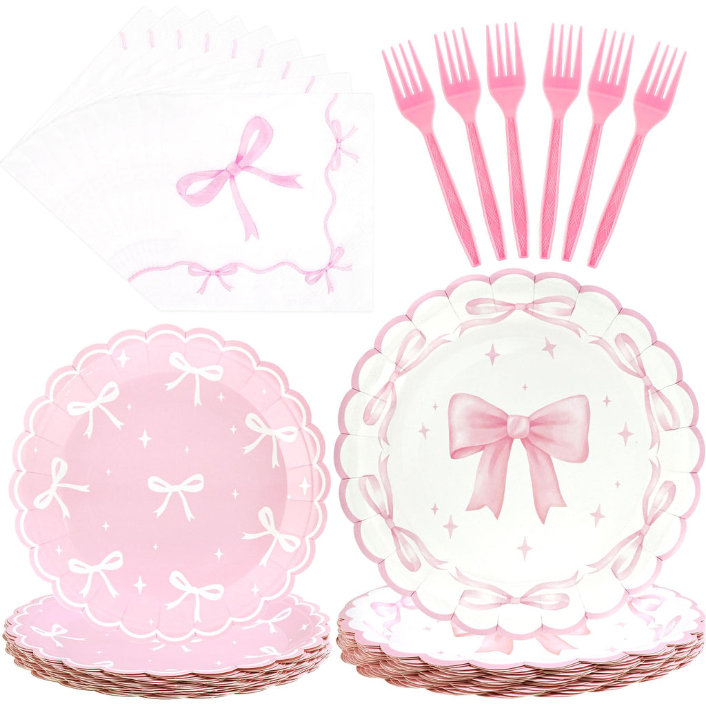 CANREVEL 96 PCS Bow Party Plates Set — Serves 24 with Bow Plates, Napkins & Forks