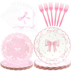 CANREVEL 96 PCS Bow Party Plates Set — Serves 24 with Bow Plates, Napkins & Forks