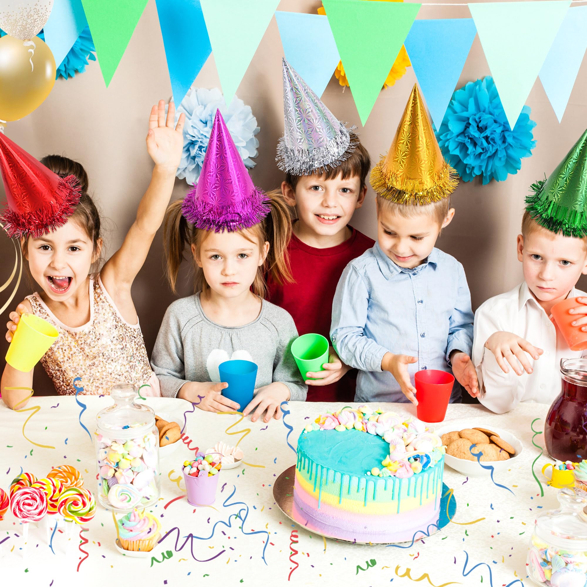 CANREVEL 12-Piece Holographic Party Hats for Adults – Cone Hats with Tinsel for Birthday Celebrations